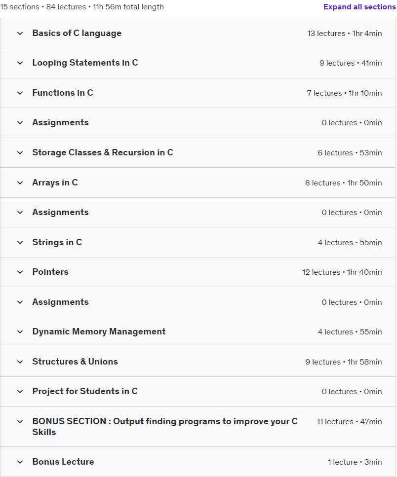 Course topics · Udemy — 2024 C Programming Bootcamp – The Complete C Language Course 2023-3