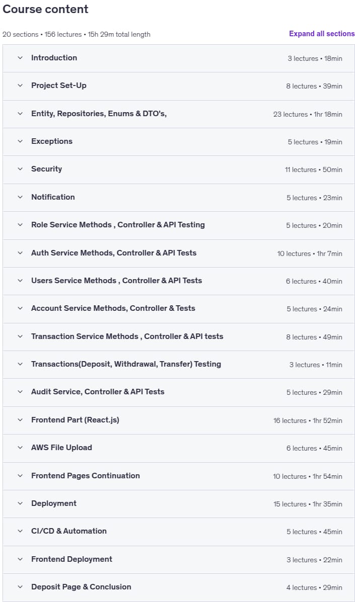 Course topics · Full-Stack FinTech App: Spring Boot 4, React, Devops & CI/CD 2025-10