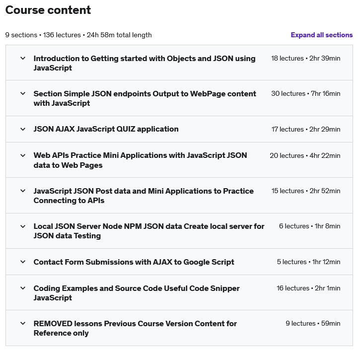 Course topics · JavaScript Dynamic Web Pages AJAX 30 Projects APIs JSON 2021-2