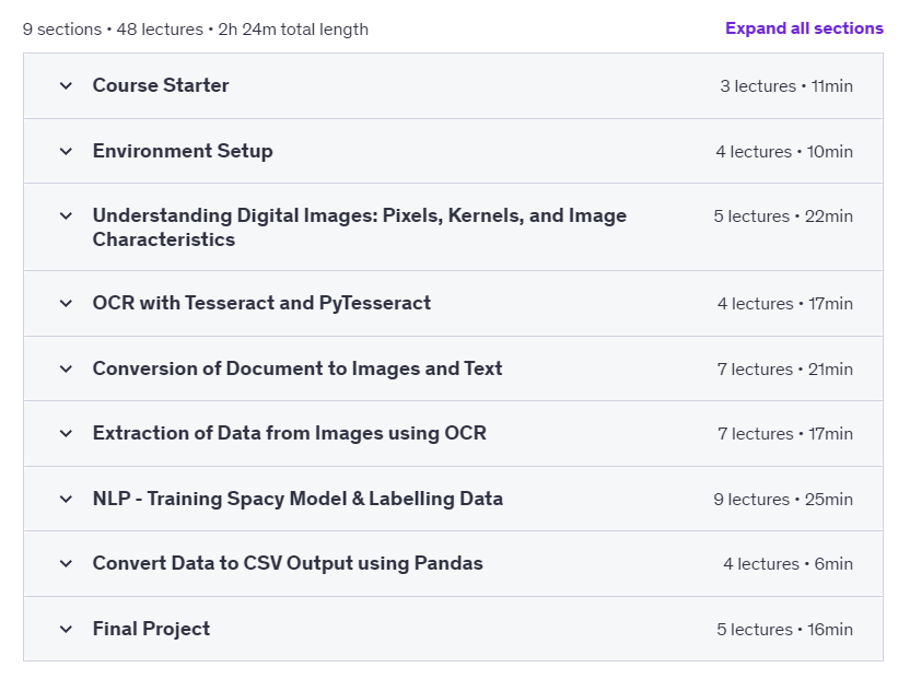 Course topics · Udemy — Data Extraction Basics for Docs and Images with OCR and NER 2024-3