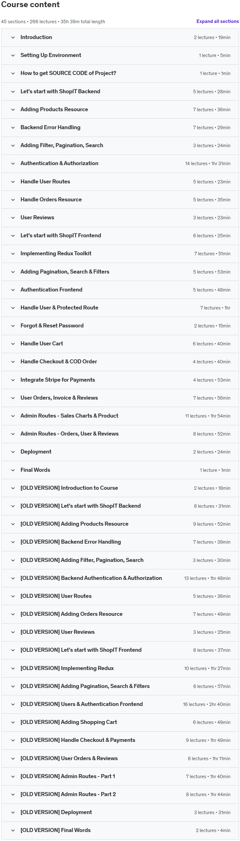 Course topics · MERN Stack Full Ecommerce Site – Using React, Redux, Node.js 2023-10