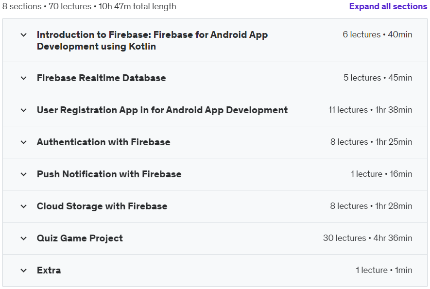 Course topics · Firebase: Firebase for Android App Development using Kotlin 2022-6