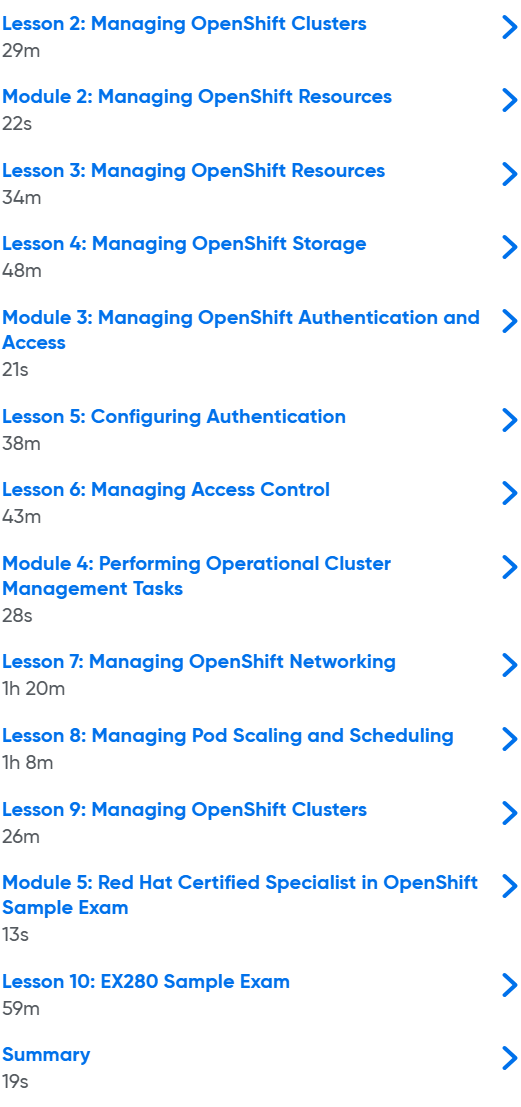 Course topics · Oreilly — Red Hat Certified Specialist in Containers and Kubernetes (EX180) and OpenShift Administration (EX280) (Video Collection) 2022-1