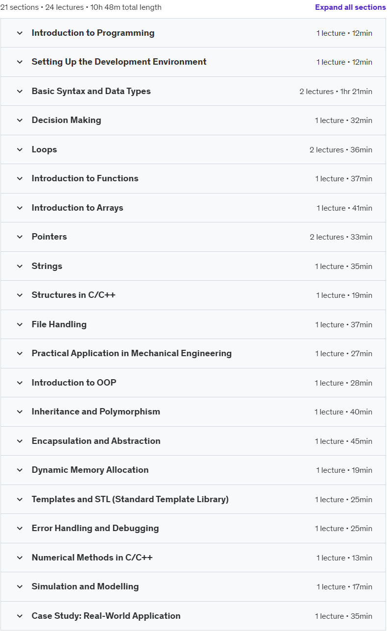 Course topics · Udemy — C/C++ Programming For Mechanical Engineering(Using ChatGPT) 2024-7