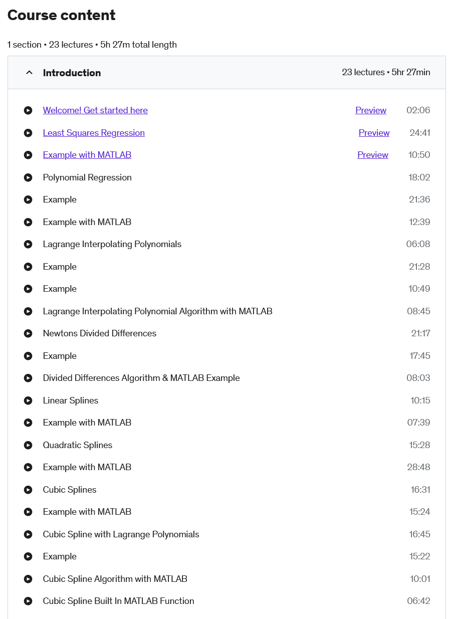 Course topics · Udemy — Numerical Methods in MATLAB for Engineering Students Part 2 2019-7