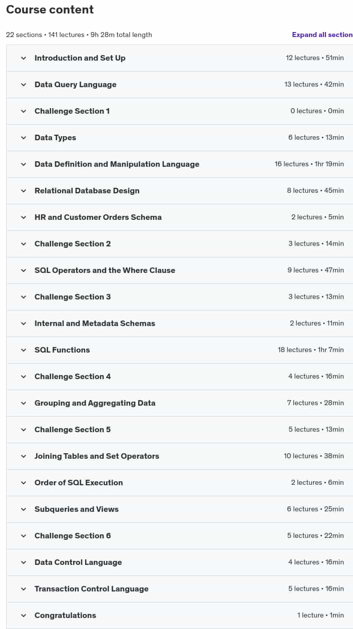Course topics · Udemy — The Comprehensive SQL Course 2024-11
