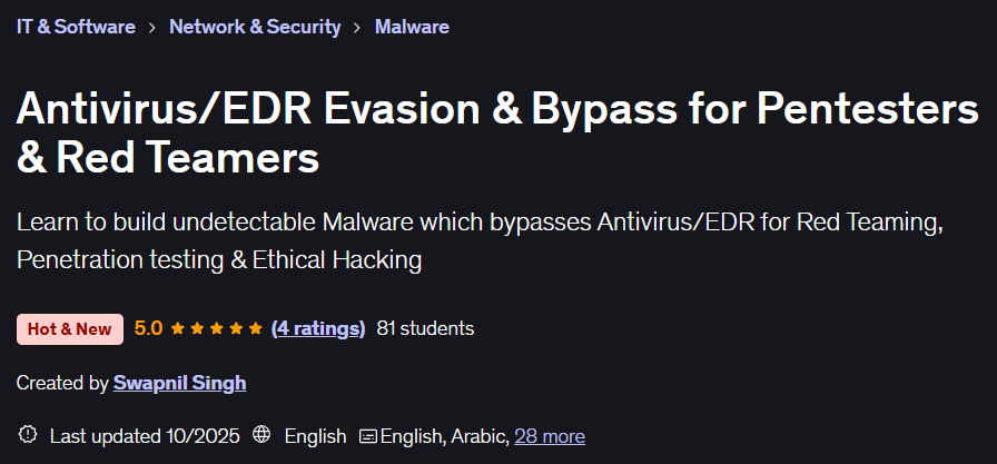 이미지 · Antivirus/EDR Evasion & Bypass, Pentesters & Red Teamers에 대한 리뷰 보기 2025-8