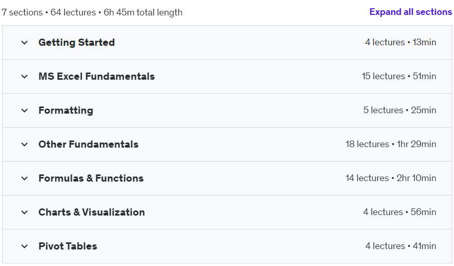 Course topics · Udemy — The Microsoft Excel Bootcamp: Beginner to Advanced 2024-5