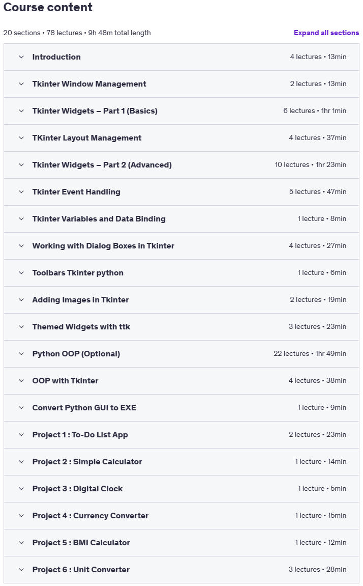 Course topics · Master Python Tkinter : GUI Development ( With 6 Projects ) 2025-8