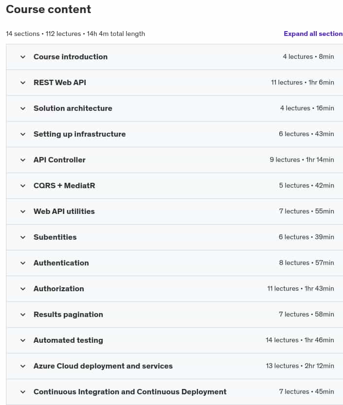 Course topics · ASP.NET Core 8 Web API: Clean architecture + Azure services 2024-10