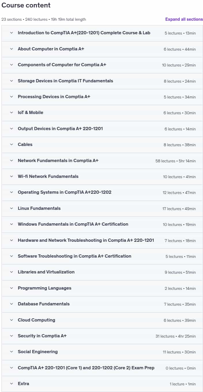 Course topics · Udemy — CompTIA A+ CompTIA A+ 220-1201, CompTIA A+ 220-1202 Prep Lab 2025-9