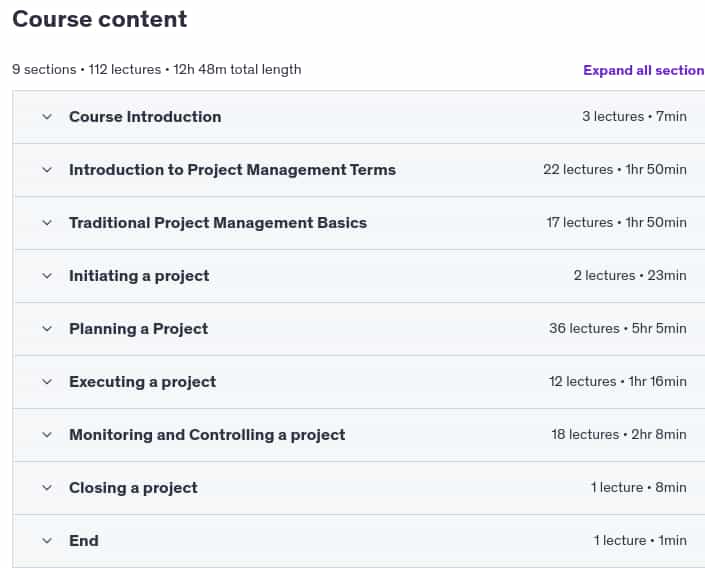 Course topics · Udemy — The Complete Project Management Course – 20 PDUs 2024-7