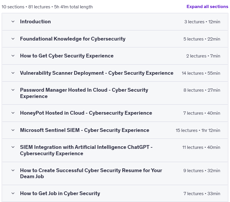 Course topics · Udemy — Hack Your Future: Cyber Security Projects for Your Dream Job 2023-6
