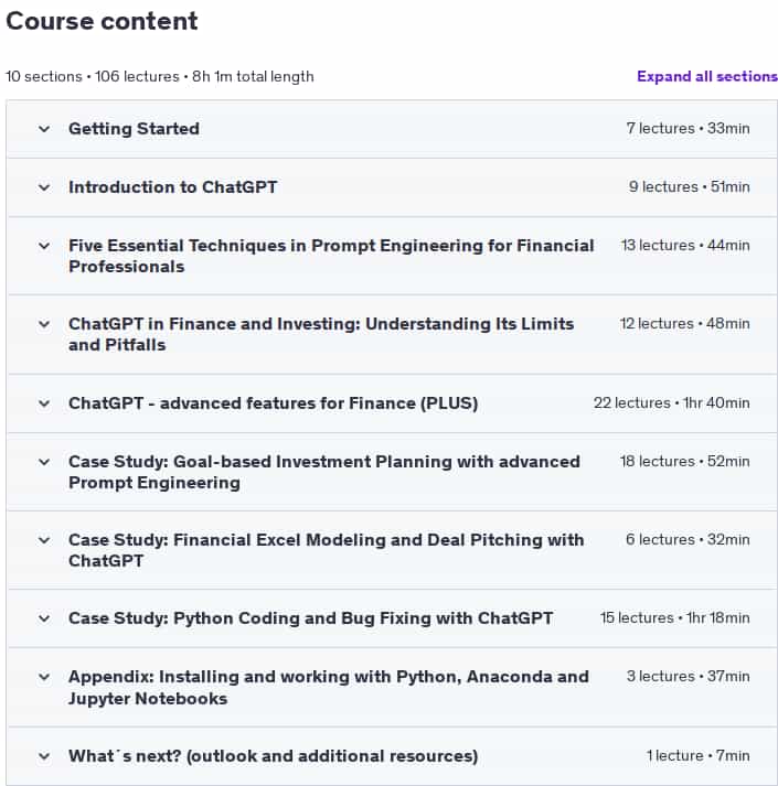 Course topics · Udemy — ChatGPT for Finance and Investment Professionals 2025-2