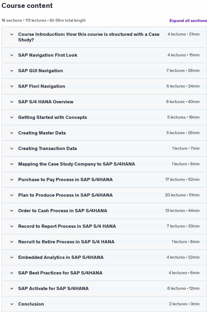 Course topics · SAP for Beginner: Learn SAP S/4HANA Overview 2025-2