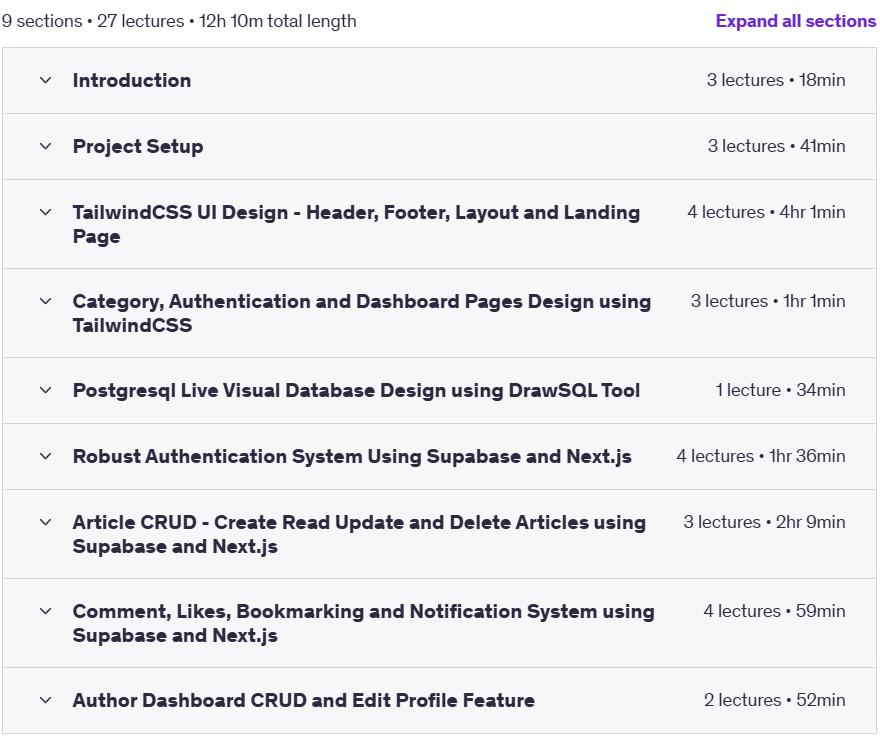 Course topics · Udemy — Next.js, Supabase and TailwindCSS: Full-stack Blogging App 2025-4