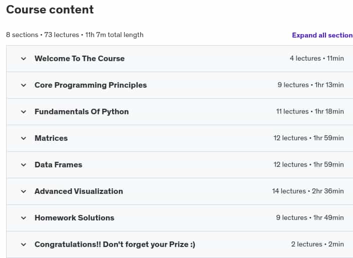 Course topics · Udemy — Python A-Z™: Python For Data Science With Real Exercises! 2024-12