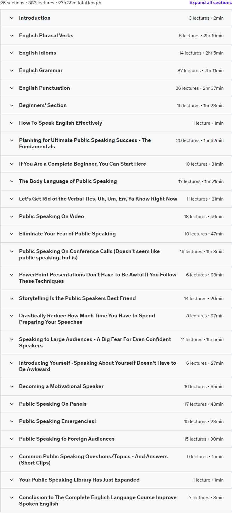 Course topics · Udemy — The Complete English Language Course Improve Spoken English 2021-7