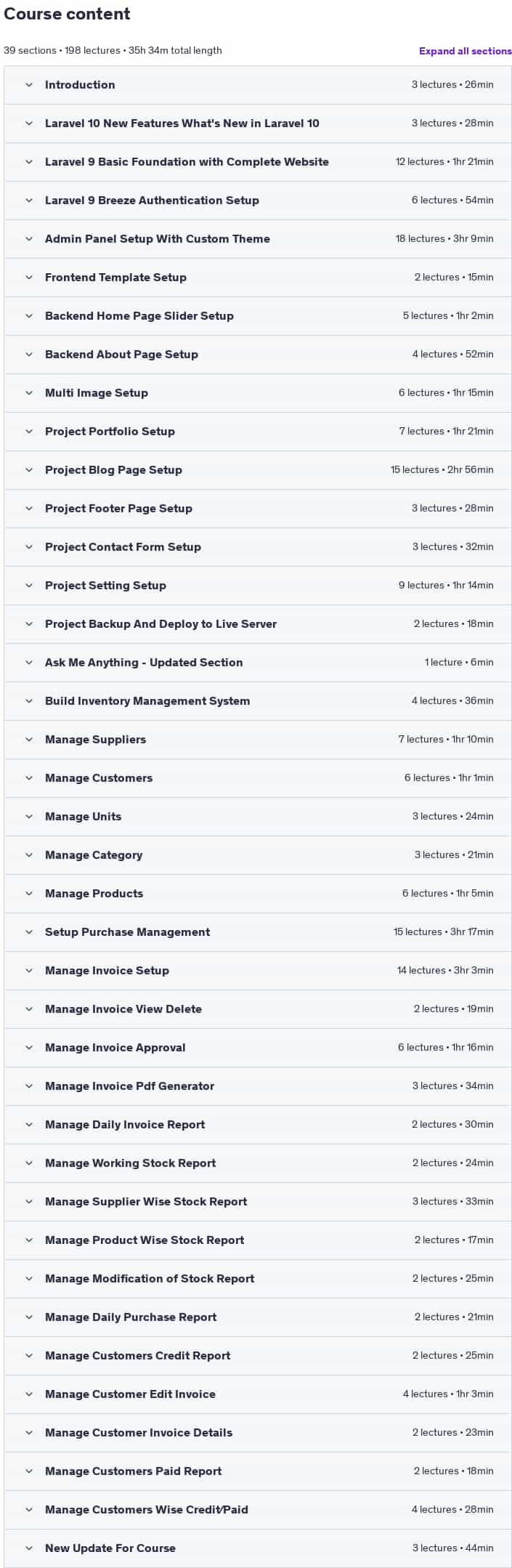 Course topics · Laravel 9 – Build Complete Inventory Management System A-Z 2024-11
