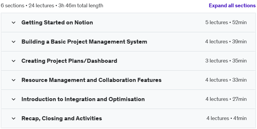 Course topics · Udemy — Project Management with Notion Course: Beginner to Expert 2024-10