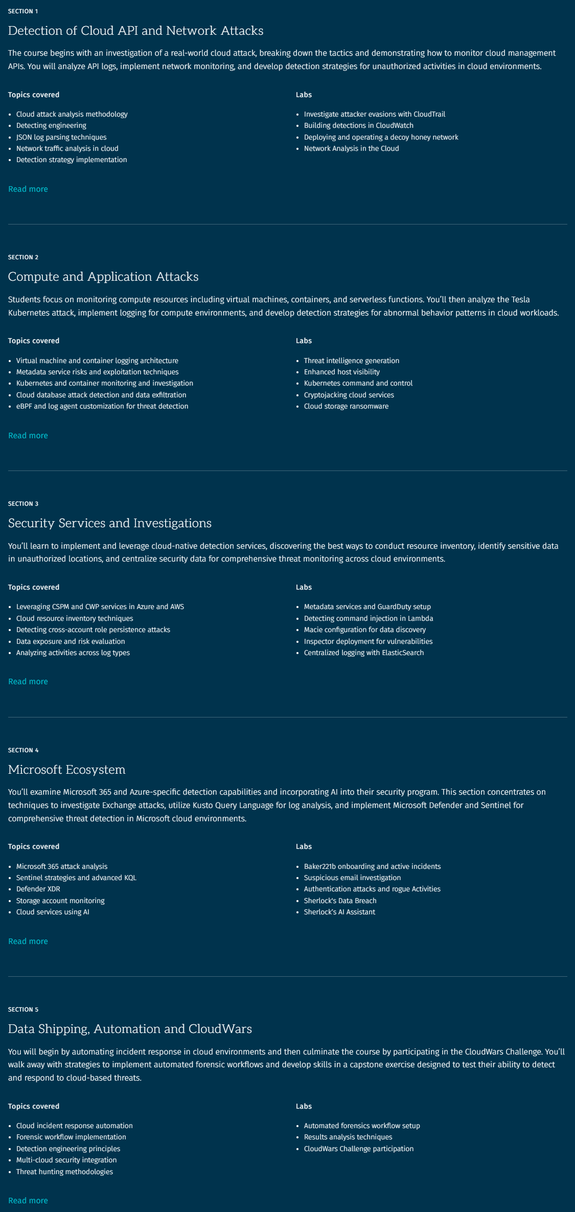 Course topics · SANS — SEC541: Cloud Security Threat Detection 2022-6