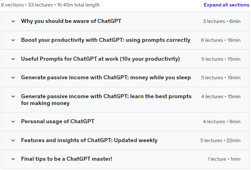 Course topics · ChatGPT (OpenAI): Best Prompts for Work and Passive Income 2023-2