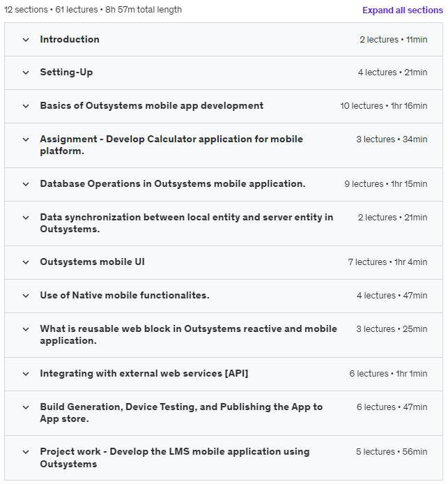 Course topics · Udemy — Outsystems mobile application development bootcamp. 2023-11