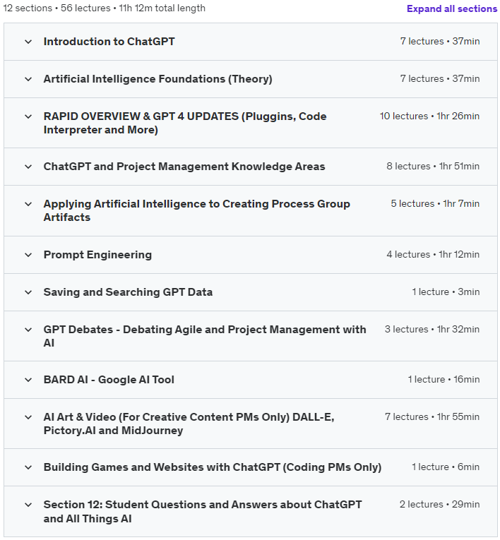 Course topics · ChatGPT & Artificial Intelligence (AI) for Project Managers 2023-4