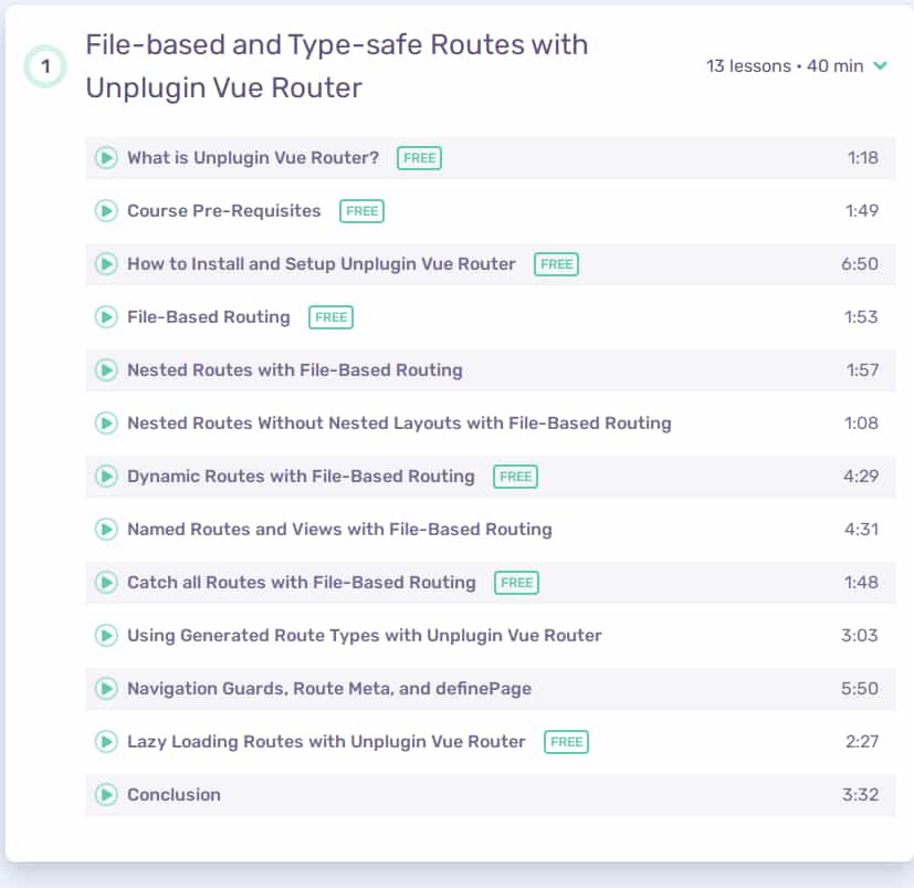 Course topics · Vueschool – Enhanced Routing with UnPlugin Vue Router 2024-5