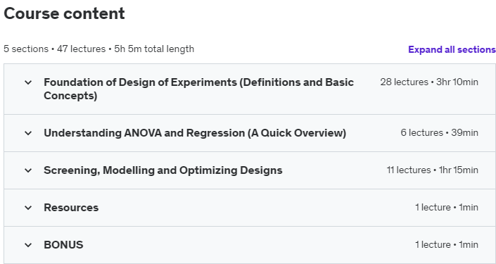 Course topics · Udemy — Design and Analysis of Experiments (DoE) 2022-11