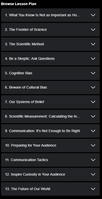 Course topics · MasterClass — Neil deGrasse Tyson Teaches Scientific Thinking and Communication 2019-3
