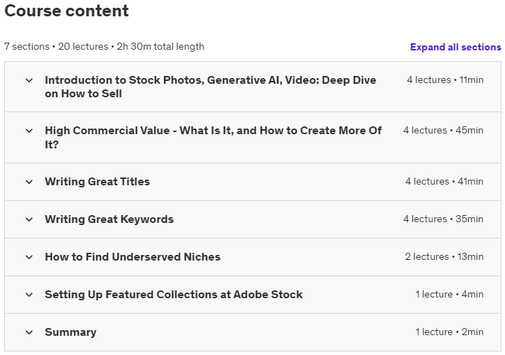 Course topics · Stock Photos, Generative AI, Video: How to Sell More Images 2024-5