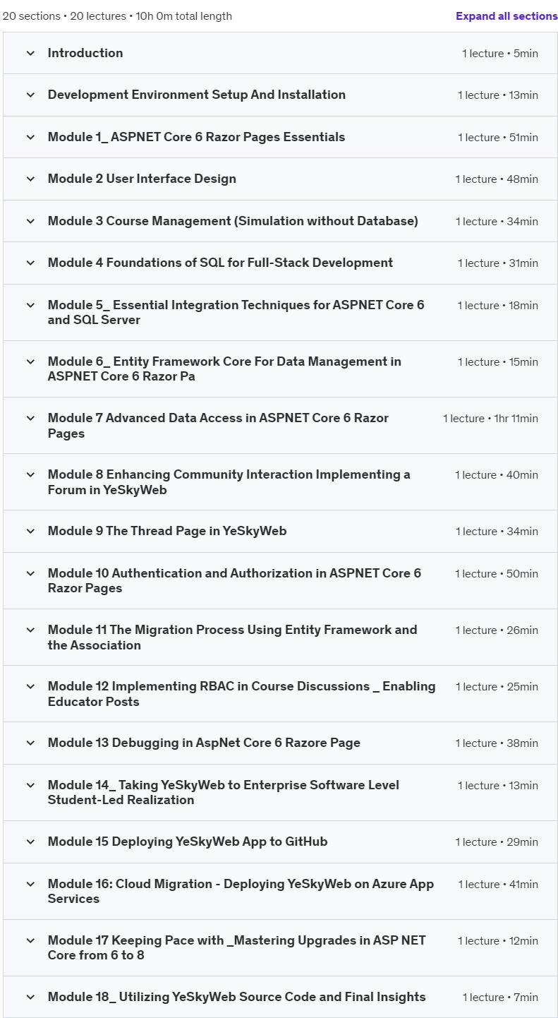 Course topics · Udemy — Full-Stack Mastery: ASP.NET Core , GitHub, Cloud Migration 2024-9