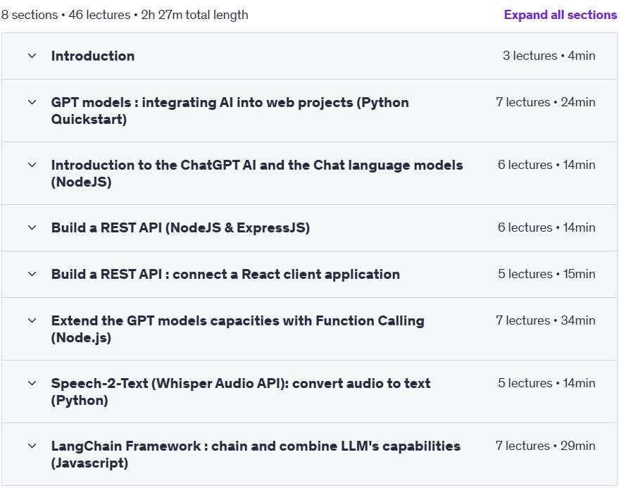 Course topics · Udemy — GenAI: Function Calling, Whisper, LangChain (UPDATED 2024) 2023-10