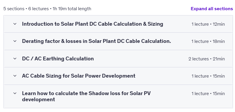 Course topics · Udemy — Learn Solar Plant DC/AC Cable & Earthing Calculation 2022-3