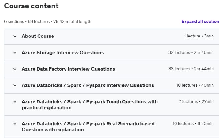 Course topics · Udemy — Crack Azure Data Engineering by Interview Preparation Course 2022-7