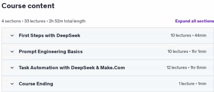 Course topics · Udemy — DeepSeek Mastery: Learn, Automate Tasks, Write Code & More 2025-2