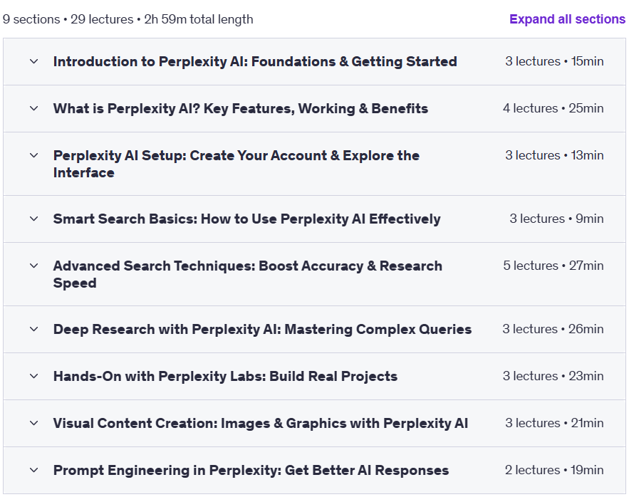 Course topics · Complete Perplexity AI Mastery: A-Z Search & Research Guide 2025-9