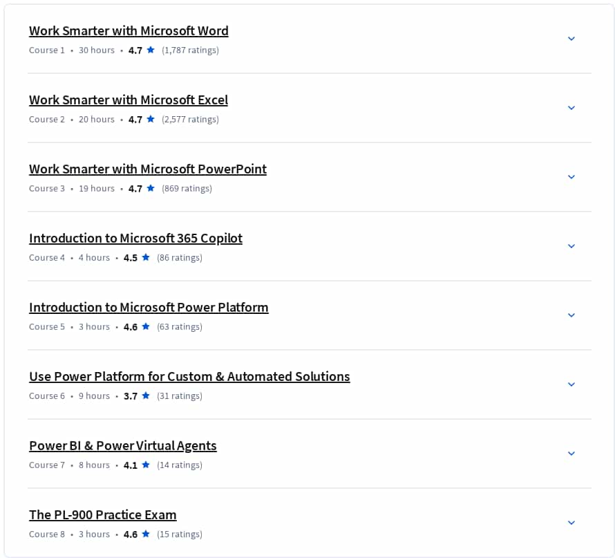 Course topics · Coursera — Master Microsoft Office 365 and Power Platform Specialization 2025-1