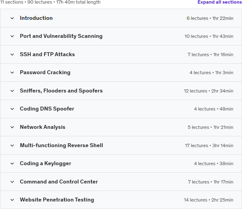 Course topics · Practical Ethical Hacking Using Python: Beginner to Advanced 2023-8