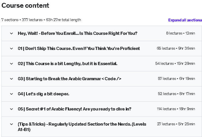 Course topics · Udemy — Arabic Language Master Course | 60+ hrs. + All Levels 2023-6