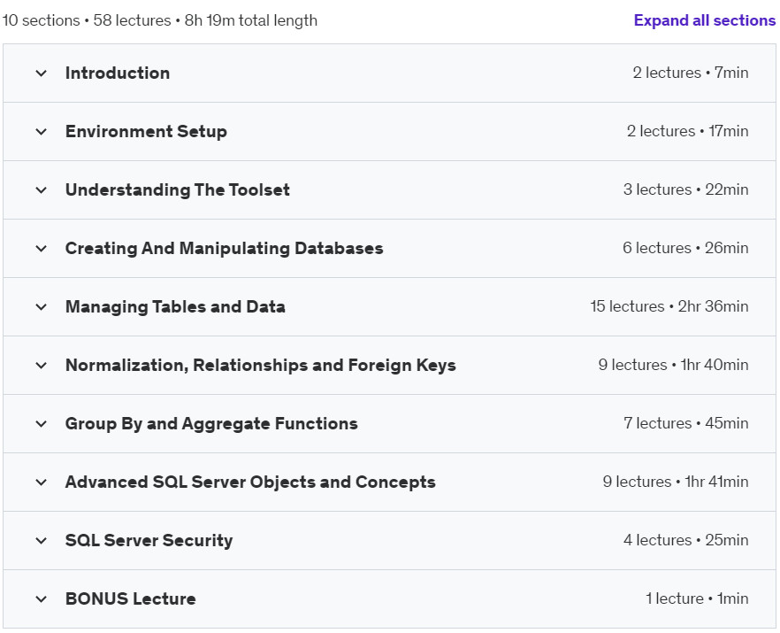 Course topics · Complete Microsoft SQL Server Database Design Masterclass 2022-10