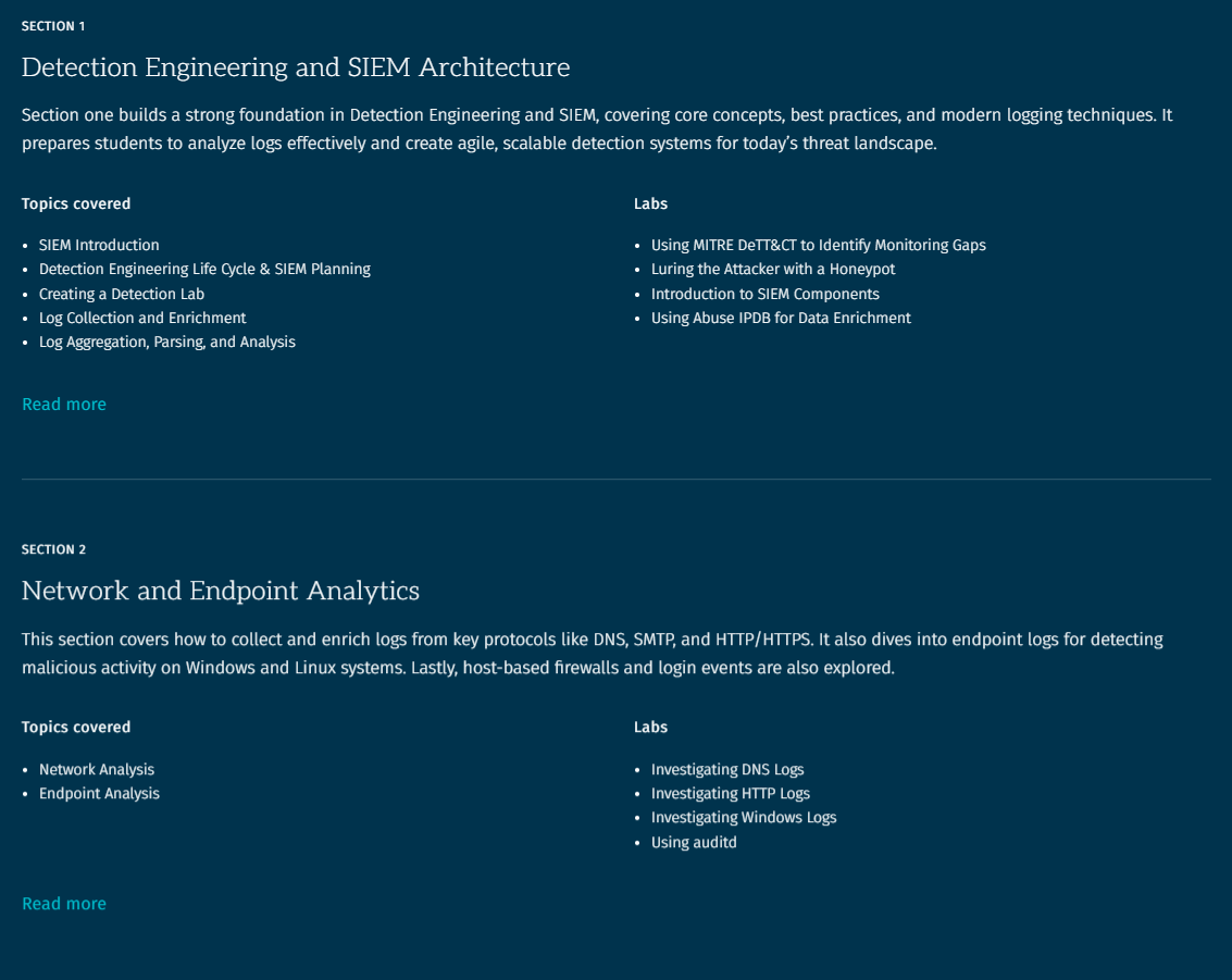 Course topics · SANS — SEC555: Detection Engineering and SIEM Analytics 2021-6