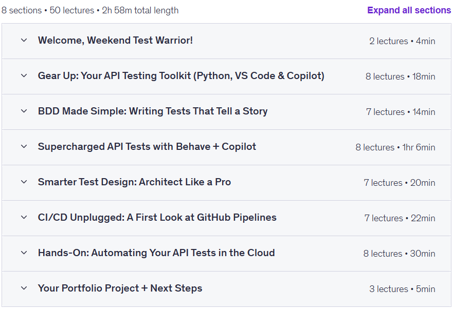 Course topics · API Testing using Python, Behave, VS Code & GitHub Copilot 2025-8