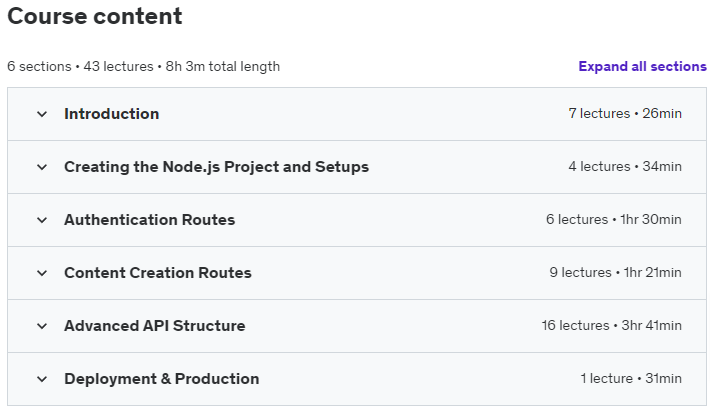 Course topics · Udemy — Node.js Advanced Backend for Social Media Applications 2024-5