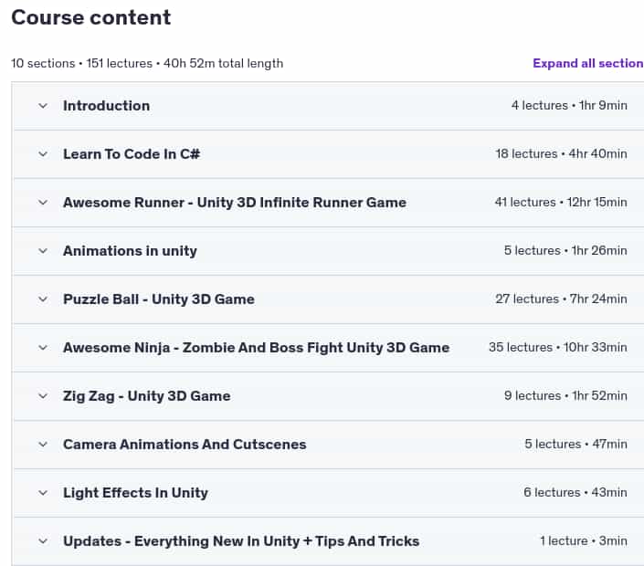 Course topics · Unity Game Development: Make Professional 3D Games 2018-7