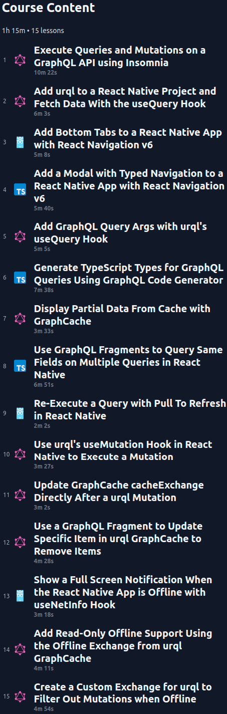 Course topics · Egghead — Build a News App with React Native, GraphQL and TypeScript 2022-6