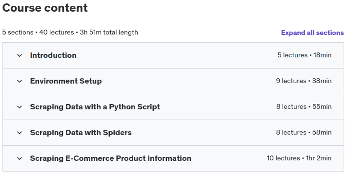 Course topics · Udemy — Automate Web Scraping Using Python Scripts and Spiders 2021-6
