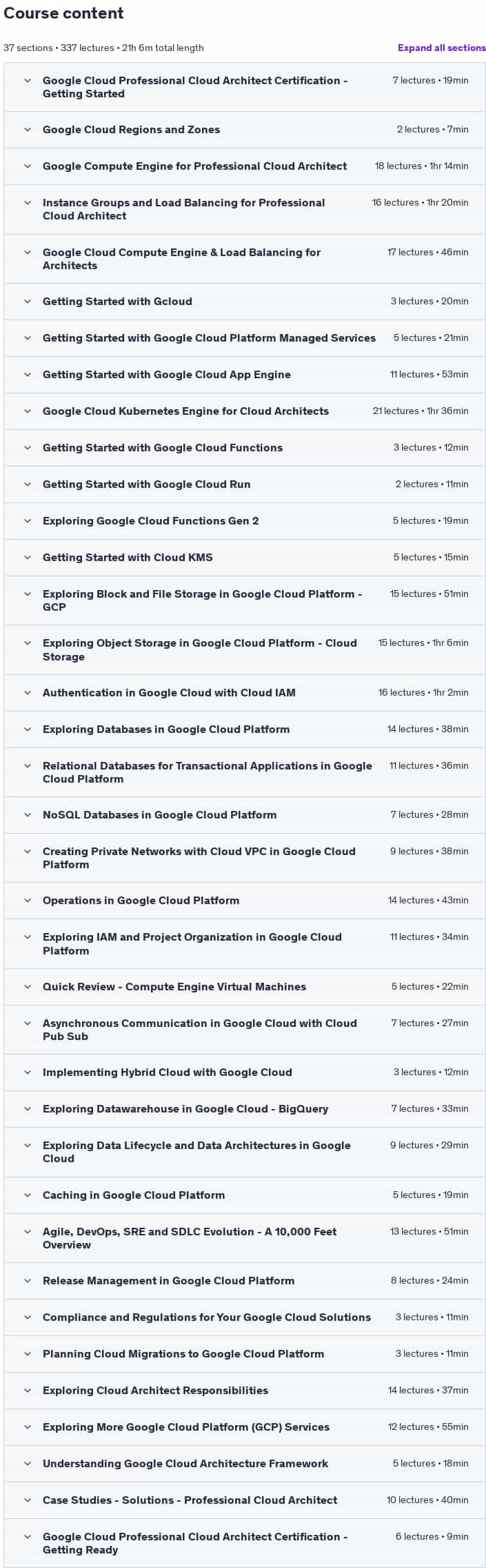 Course topics · Udemy — GCP Professional Cloud Architect: Google Cloud Certification 2024-11