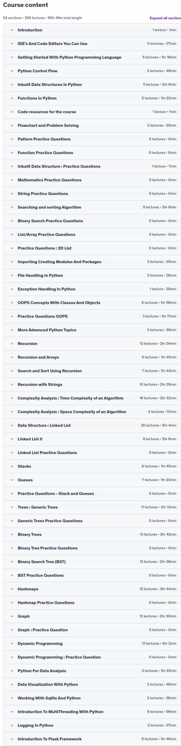 Course topics · Complete Python With DSA Bootcamp + LEETCODE Exercises 2024-11